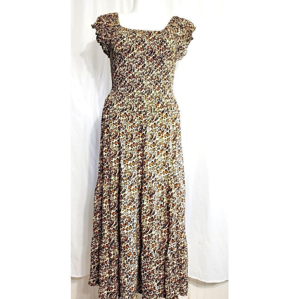 Leapord print Smocked Top Short Sleeve Maxi dress M/L